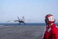 An F/A-18F Super Hornet launches off USS Gerald R. Ford's flight deck.