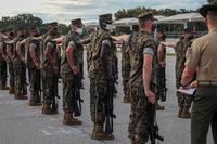 Marine Corps recruits execute a drill movement aboard Marine Corps Recruit Depot Parris Island.