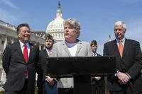 Rep. Julia Brownley, D-Calif., center, flanked by Rep. Mark Takano, D-Calif., left, and Rep. Mike Michaud, D-Maine