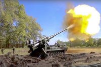 A Pion artillery system of the Russian military fires at a target in Ukraine.