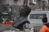 Municipal workers dismantle a monument of Russian writer Alexander Pushkin