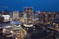 Holiday lights adorn buildings along the skyline of Richmond, Virginia.