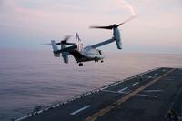 An MV-22 Osprey takes off from the deck of the USS Bataan.
