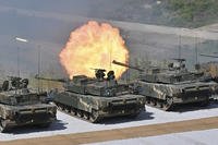South Korea's K-2 tanks fire during a South Korea-U.S. joint military drill