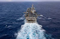 Wasp-class amphibious assault ship USS Bataan travels through the Atlantic Ocean