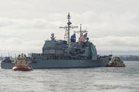The USS Mobile Bay (CG 53) departs Naval Base San Diego as part of the Great Green Fleet