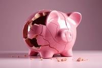 A pink piggy bank is shattered and fractured.