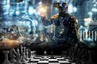 A soldier wears virtual reality glasses with a graphic depiction of a chess set
