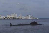 The nuclear-powered Russian submarine Kazan leaves the port of Havana, Cuba