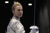 Olga Kharlan, of Ukraine, stands during the women's team sabre event against Uzbekistan at the Fencing World Championships