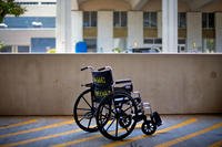 A wheelchair sits outside the Atlanta VA Medical Center