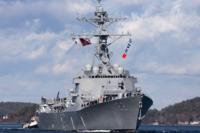 The future Arleigh Burke-class guided missile destroyer USS John Basilone heading out of Bath, Maine on November 1, 2024.