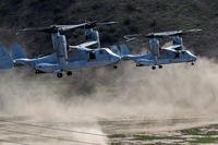 A couple of MV-22 Osprey aircraft kick up dust while landing during the annual Steel Knight training exercise at Camp Pendleton .