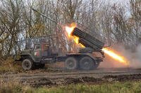 &quot;Grad&quot; self-propelled rocket launcher fires toward Ukrainian position