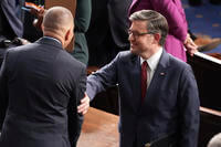 House Speaker Mike Johnson speaks with House Minority leader Hakee