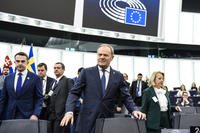 Polish Prime Minister Donald Tusk arrives to deliver his speech