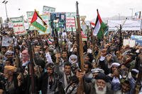Houthi supporters chant slogans during a weekly, anti-U.S. and anti-Israel rally in Sanaa, Yemen