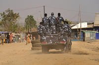 South Sudan soldiers patrol the street in Juba, South Sudan.