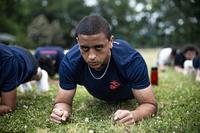 Poolees with U.S. Marine Corps Recruiting Station Raleigh in North Carolina participate in an initial strength test (IST) during a state-side pool function on May 13, 2023.
