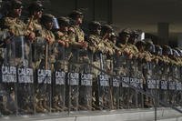 California National Guard members are positioned at the Federal Building in downtown Los Angeles