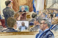 This artist sketch depicts Salah Al-Ejaili, foreground right with glasses, a former Al-Jazeera journalist
