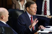 U.S. Sen. Richard Blumenthal (D-Conn.) questions U.S. Attorney General Pam Bondi as she testifies before the Senate Judiciary Committee in the Hart Senate Office Building on Capitol Hill in Washington, D.C.