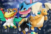 A collage of three Mega Evolutions that were added in Pokemon Legends Z-A: Mega Hawlucha, Mega Greninja and Mega Dragonite.