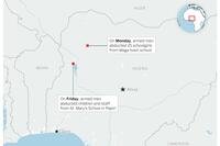Shows the location of two attacks and abductions from schools in Nigeria over the past week.
