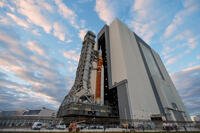 The Artemis II rocket makes its way to pad 39B at the Kennedy Space Center.