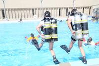 Divers enter a pool.