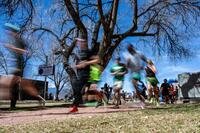 Blurs represent runners on a sunny trail in spring.