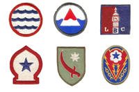 Top: Greenland Base Command, Iceland Base Command and  London Base Command patches. Bottom: North African Theater, Persian Gulf Command and ETO Advanced Base patches.