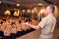 FILE PHOTO -- Navy Medicine Operational Training Center Commanding Officer Capt. James Norton addresses 100 Independent Duty Corpsmen students during an open forum discussion at the Surface Warfare Medical Institute. (Photo courtesy of NMOTC)