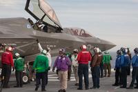 Two F-35B Lightning II short takeoff/vertical landing (STOVL) aircraft are welcomed aboard the flight deck of amphibious assault ship USS America on Oct. 28. (U.S. Navy Photo: Darin Russell)