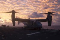 An MV-22B Osprey tiltrotor aircraft sits on the flight deck of the USS Bonhomme Richard (LHD 6) during Exercise Talisman Saber 17 while underway in the Pacific Ocean, June 10, 2017. (U.S. Marine Corps photo/Lance Cpl. Amy Phan)