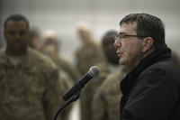 Ashton Carter, then the deputy secretary of defense, speaks with troops at Bagram Airfield, Afghanistan, on Nov. 28, 2013. Later, he served Thanksgiving dinner to Bagram personnel at Khoele Dining Facility. Senior Airman Kayla Newman/Air Force