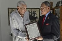 Marine Corps aviator Frank Peterson getting award