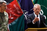 U.S. Defense Secretary James Mattis , right, and U.S. Army General John Nicholson, left, commander of U.S. Forces Afghanistan, hold a news conference in Kabul, Afghanistan on Aril 24. (DoD photo)
