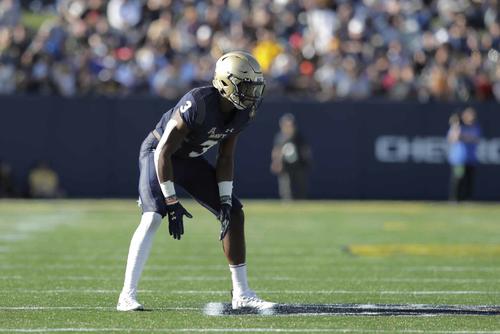 Navy cornerback Cameron Kinley waits for the snap against Air Force.
