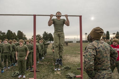 Marine officer candidates complete physical fitness test.