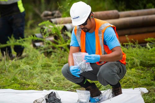 A radiological engineer gathers soil samples to be tested for per- and polyfluoroalkyl substances (PFAS) on Marine Corps Base Camp Lejeune, North Carolina.