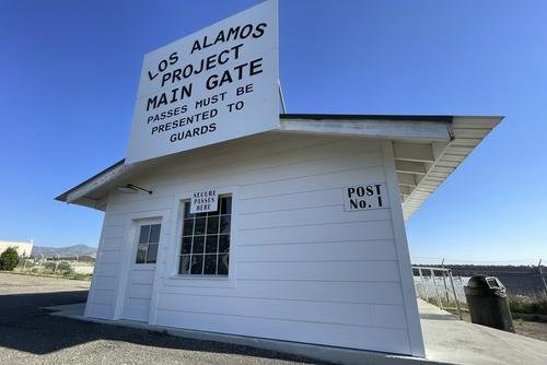 A sign made to look like the security gate of the Manhattan Project.