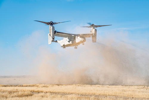 MV-22B Osprey from the Marine Medium Tiltrotor Squadron 362 performs a practice landing