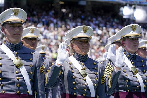 Cadets recite the oath of office during the graduation ceremony of the U.S. Military Academy Class of 2023 at Michie Stadium in West Point, N.Y.