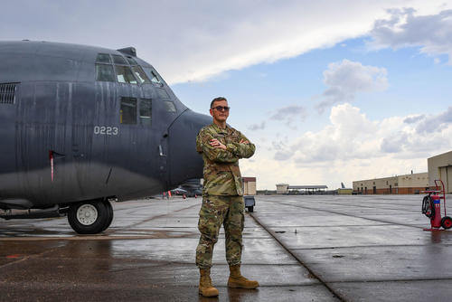 Then-Airman 1st Class Michael McCullough poses on the Ground Instructional Training Aircraft ramp at Sheppard Air Force Base