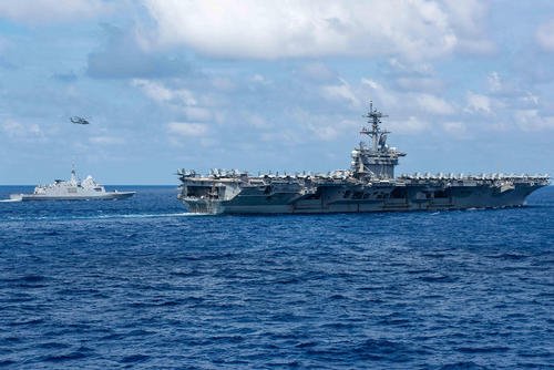 The Nimitz-class aircraft carrier USS Theodore Roosevelt (CVN 71) sails