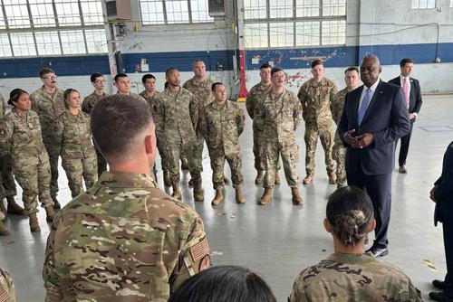 Secretary of Defense Lloyd Austin speaks to airmen at Maxwell Air Force Base