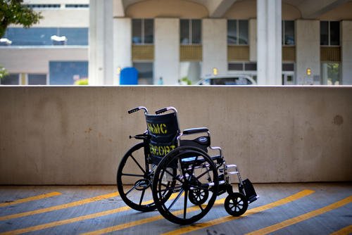 A wheelchair sits outside the Atlanta VA Medical Center