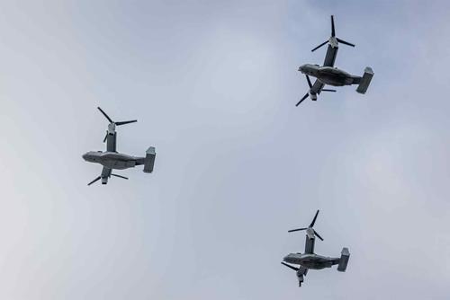 U.S. Marine Corps MV-22B Ospreys fly over Petco Park