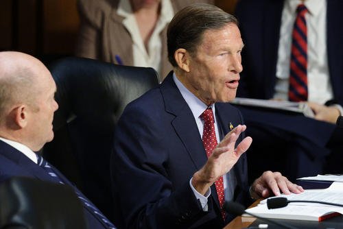 U.S. Sen. Richard Blumenthal (D-Conn.) questions U.S. Attorney General Pam Bondi as she testifies before the Senate Judiciary Committee in the Hart Senate Office Building on Capitol Hill in Washington, D.C.